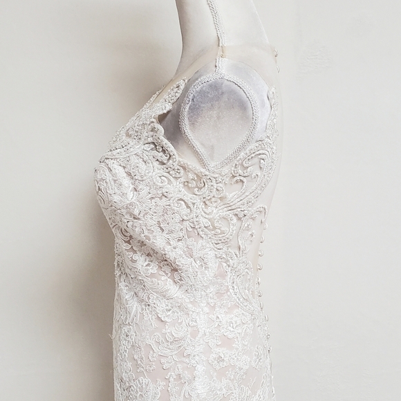 ALLURE Bridals 9363 Antique Ivory Illusion Lace Beaded Button Wedding Dress 8 - Picture 9 of 16